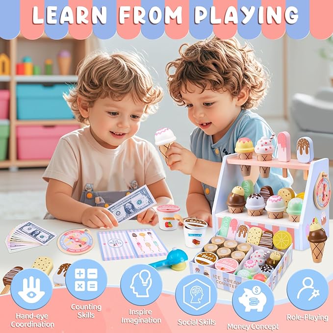 Ehome Wooden Ice Cream Toys Set Pretend Play Food Store for Kids Serve Ice Cream Counter Shop Kitchen Playset with Lucky Wheel, Scoop, Menu, Fake Money for Boys and Girls Ages 3 4 5 6
