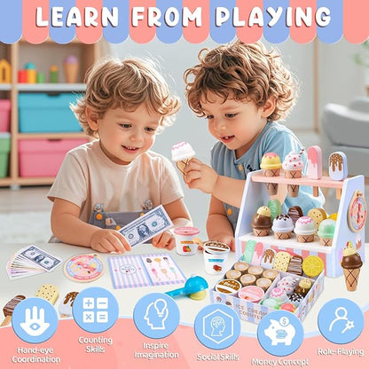 Ehome Wooden Ice Cream Toys Set Pretend Play Food Store for Kids Serve Ice Cream Counter Shop Kitchen Playset with Lucky Wheel, Scoop, Menu, Fake Money for Boys and Girls Ages 3 4 5 6