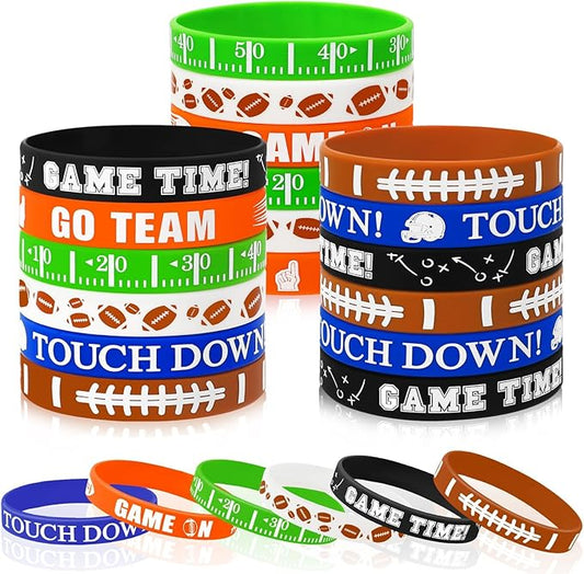 JUNEBRUSHS 42pcs Football Party Favors Silicone Bracelets Rubber Wristbands Accessories for Football Sport Themed Birthday Party Decorations Adults Stuffers Filler Gift Supplies(6 Designs)