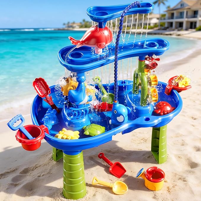 Water Table for Toddlers 1-3 3-5, 3-Tier Water Table for Kids with Water Pump, Water and Sand Sensory Table Beach Outdoor Toys for Kids Toddlers Age 3 4 5 6 7 8 Boys Girls