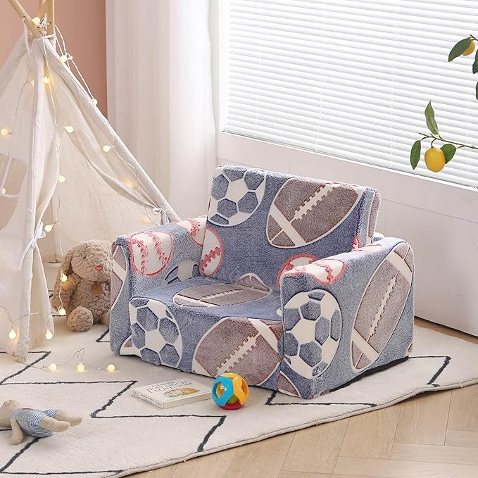 Tiita Kids Sofa, 2-in-1 Kids Sofa Chair, Convertible Toddler Couch to Lounger, Flip Out Baby Sofa Chair, Toddler Armrest Chair Bed, Folding Kids Play Sofa for Girl or Boy(Ball)