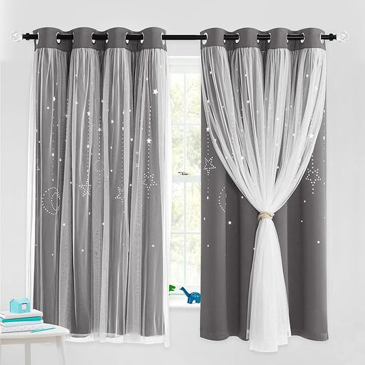 NICETOWN Star and Moon Hollow-Out Curtains for Kids Room, White Voile Overlay Princess with Blackout Curtains 2 Layer Grommet Window Drapes for Baby Bedroom/Halloween, 2 Panels (52W x 63L, Grey)