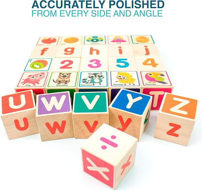 QUOKKA Wooden Puzzles Blocks for Toddlers 1-3 Large - 26 Alphabet & Numbers Baby Blocks for Kids Ages 2-4 Gift Wood Stacking & Building Toys for Learning ABC Letters for Boys and Girls 2-4