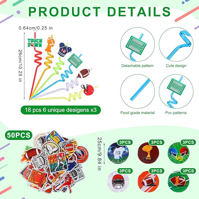 Sadnyy 140 Pcs Football Party Favors Birthday Party Decorations Supplies Drawstring Bags with Silicone Bracelets Keychains Straws Button Pins Stickers for Classroom Rewards Goodie Bags Stuffers
