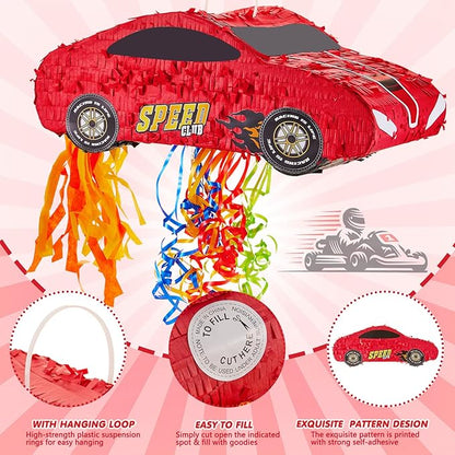 4 Pcs 15.7 Inch Race Car Piñata with Pull Strings, 3D Car Piñata with Blindfold Bat Confetti Double Sided, Race Cars Photo Booth Props for Boy Race Car Theme Birthday Baby Shower Party Supplies