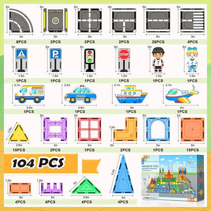 104 PCS Magnetic Tiles Road Set, STEM Magnet Building Blocks for Kids Toddler Toys Games, Christmas Birthday Gifts for 3+ Year Old Boys Girls, Car Enthusiasts and Classroom Must Haves