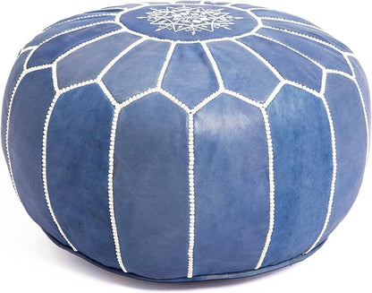 Genuine Leather Round Pouf Cover - Handmade Moroccan Ottoman Footstool, Unstuffed Footrest Under Desk - Boho Decor - Bohemian Living Room, Bedroom, Kids Room - Housewarming Gift & Wedding