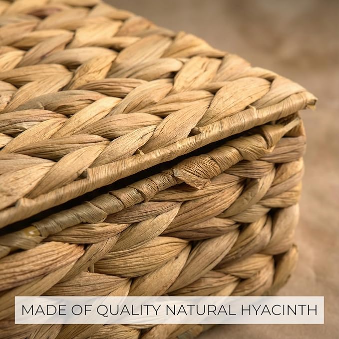 Decorative Storage Boxes with Lids - Set of 2 Beautiful Wicker Organizer Bins for Your Shelves & Home Decor - Safely Store Your Photos, Documents, and Memory Box Keepsakes in a Stylish Rattan Design