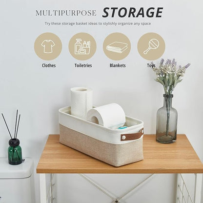 DECOMOMO Narrow Storage Bins Small Baskets for Organizing Bathroom, Toilet Tank, Towel Storage, Entryway, Gifts (Beige and White - Set of 4)