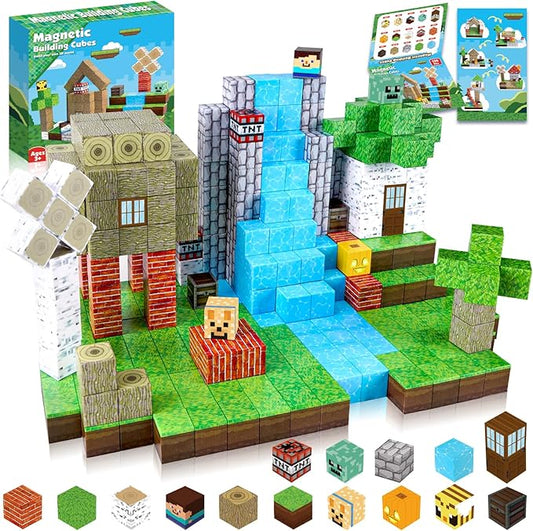Magnetic Blocks-100PCS Magnetic Building Blocks Magnetic Cube Stacking, Build Forest World Set, STEM Montessori Sensory Toys for Kids Boys Girls Ages 3 4 5 6 7 8 9 10 Easter Birthday Gifts