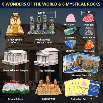 Ancient Wonders Dig Kit, Dig up 6 Mystery Historical Landmarks & 6 Treasure Stones, Famous World History Architecture Toy Archaeology Set, STEM History Gift for Kids Age 6-8-12