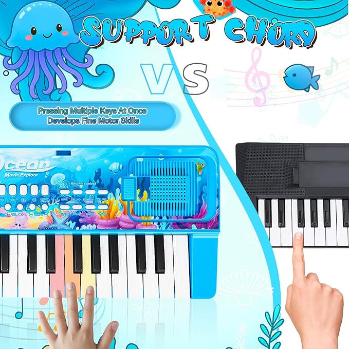 Upgraded 37 Keys Kids Piano Keyboard with Microphone Music Stand – Portable Musical Toys for Toddlers Ages 3 4 5 6 Boys Girls Birthday Gift - Blue