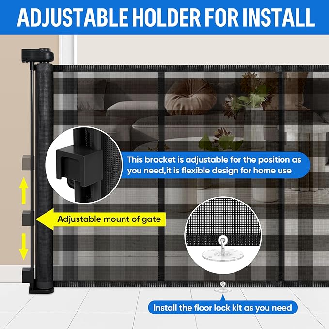 34X120” Extra Wide Safety Retractable Baby Gate, Extra Wide Safety Kids or Pets Gate, 34” Tall, Extends to 120” Extra Wide, Built-in Reinforce Strip Mesh Safety Dog Gate for Stairs (34”X120”, Black)