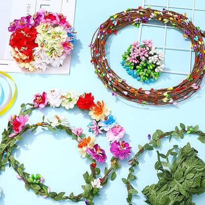 Syhood Mini Plum Blossom Crowns Making Kit, 120 Pcs Parts, Make Your Own Flower Crown Wreath Headbands and Bracelets Craft Kit Hair Accessories Handmade DIY Floral Crown Garland Kit Presents