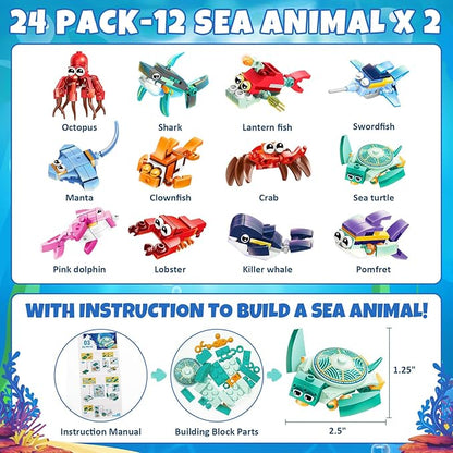 24 Pack Valentine Gifts for Kids 8-12, Marine Animal Building Blocks Kit with Gift Cards for Kids School Classroom, Party Favors Exchange for Boy Girl, Kid Valentine Basket Stuffers Egg Filler
