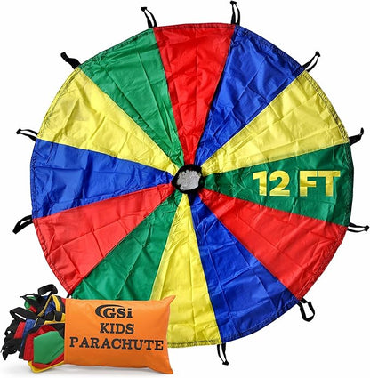 GSi Kids Play Parachute Rainbow Parachute Toy Tent Game for Children Gymnastics Cooperative Play and Outdoor Playground Activities (12 Feet)