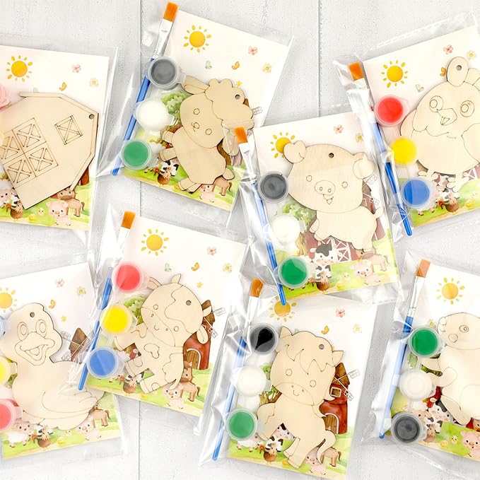 24 Pcs Farm Party Favors Wooden Painting Craft Kits Birthday Party Supplies with Organza Bag for Goodie Bags Fillers Adult Thank You Gifts