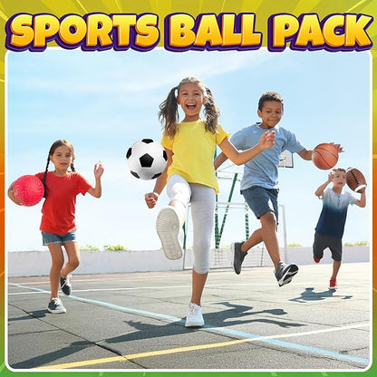 Sports Balls for Kids & Toddlers - (Pack of 4) 5-inch Sports Set Includes Football, Small Size Soccer, Basketball, and Playground Balls, Fun Indoors & Outdoor Toys (Hand Pump Included)