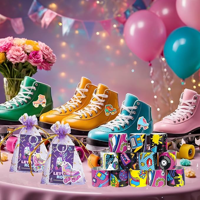 122 PCS Roller Skate Party Favors Skating Party Supplies with Key Chains Button Pins Stickers Rubber Bracelets for Hip Hop Disco 80s 90s Themed Party (style 2)