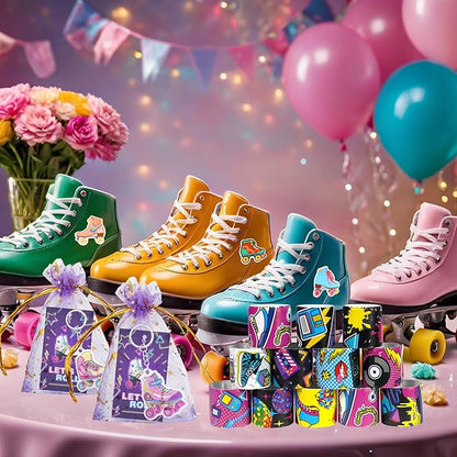 122 PCS Roller Skate Party Favors Skating Party Supplies with Key Chains Button Pins Stickers Rubber Bracelets for Hip Hop Disco 80s 90s Themed Party (style 2)
