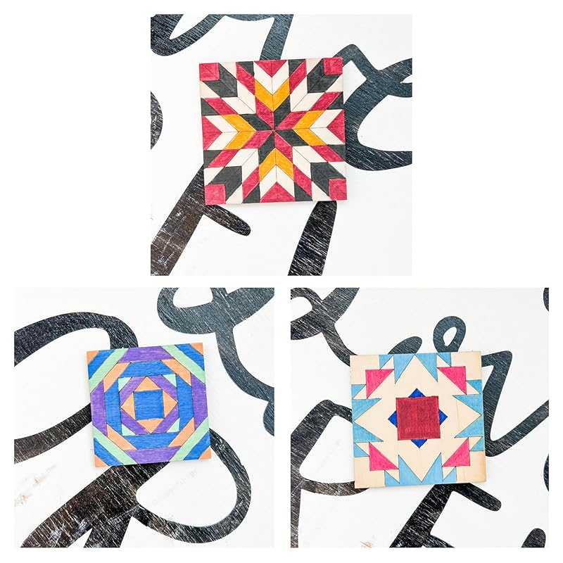 Set of Four 9 Inch Barn Quilt Kit DIY Pattern Unfinished Wood Quilting Block Sign Paintable Crafts for Women, Children, Men, Party (Boho, Large Milky Way Star, HST Fun, Classic Pineapple)