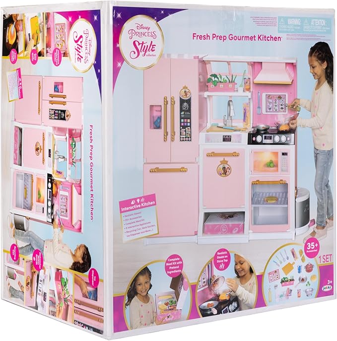 Disney Princess Style Collection Fresh Prep Gourmet Kitchen, Interactive Pretend Play Kitchen for Girls & Kids with Realistic Steam, Complete Meal Kit & 35+ Accessories