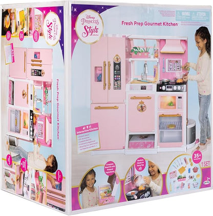 Disney Princess Style Collection Fresh Prep Gourmet Kitchen, Interactive Pretend Play Kitchen for Girls & Kids with Realistic Steam, Complete Meal Kit & 35+ Accessories