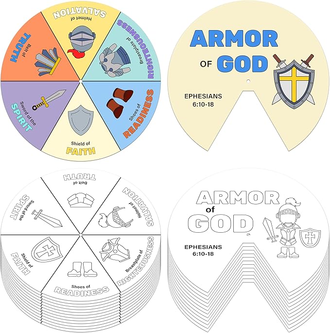 COcnny 24 Sets Armor Of God Color Wheel Craft, Color Your Own Knight Art for Kids, Religious Bible Coloring DIY Crafts Art Cards Game for Sunday School Christian Classroom Home Activities VBS Supplies
