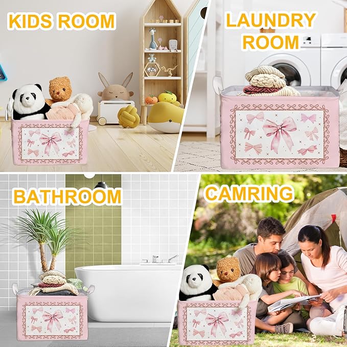 Pink Bow Foldable Storage Box, Waterproof Toy and Clothes Storage Box for Nursery Room, Pink Cute Bow Decorative Fabric Basket for Boys Girls Bedroom, Storage Basket Gifts for Bow Party Decoration