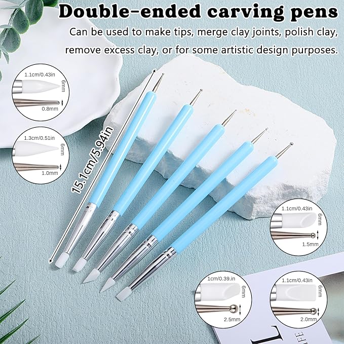 15 Pcs Clay Sculpting Tools Set Ceramic Ball Stylus Polymer Clay Tools Air Dry Clays Silicone Sculpting Tool for Carving, Dotting, Embossing, Shaping, Molding Nail Art