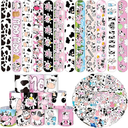 74 PCS Cow Party Favors Include 24 Pcs Cow Print Slap Bracelet 50 Pcs Cow Stickers Pack Cow Print Stuff Cute Cow Birthday Party Decorations Supplies for Kids Girls Boys Gifts Classroom Prizes
