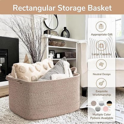 Goodpick Large Woven Storage Basket, 21.6" x 14.9" x 11.8" Blanket Basket for Living Room, Bedroom, Rectangle Rope Storage Organizer for Clothes, Toys, Brown