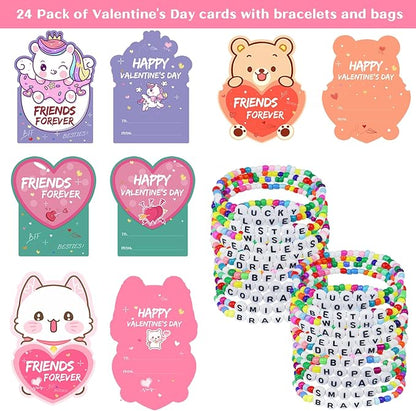 Valentines Day Cards for Kids Classroom, 24 Pack Valentines Gift Cards with Friendship Bead Bracelets, Valentines Gift Exchange for Boys Girls, Valentines Party Favors Supplies for Kids