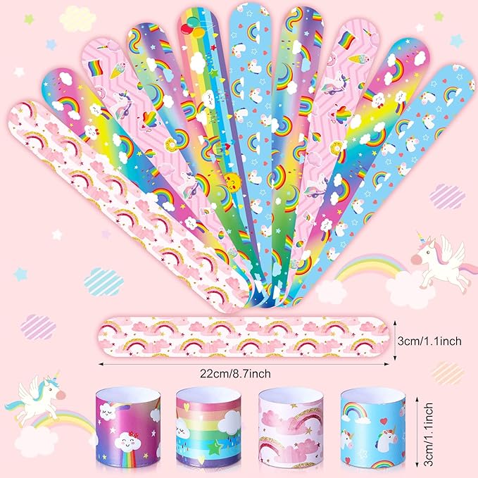 Junkin 24 Pcs Rainbow Party Favor Rainbow Slap Bracelets for Kids Wristbands Bracelets Cloud Party Favor Unicorn Rainbow Party Decoration Girl Boy Kid Baby Shower Party Supplies Magical Party (Lovely)