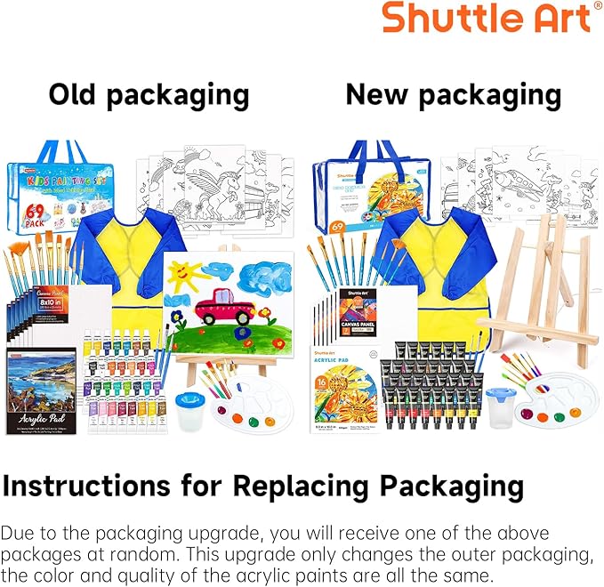 69 Pack Kids Paint Set, Shuttle Art Art Set for Kids with 30 Colors Acrylic Paint, Wood Easel, Canvas, Painting Pad, Brushes, Palette and Smock, Complete Paint Set for Boys and Girls(package may very)