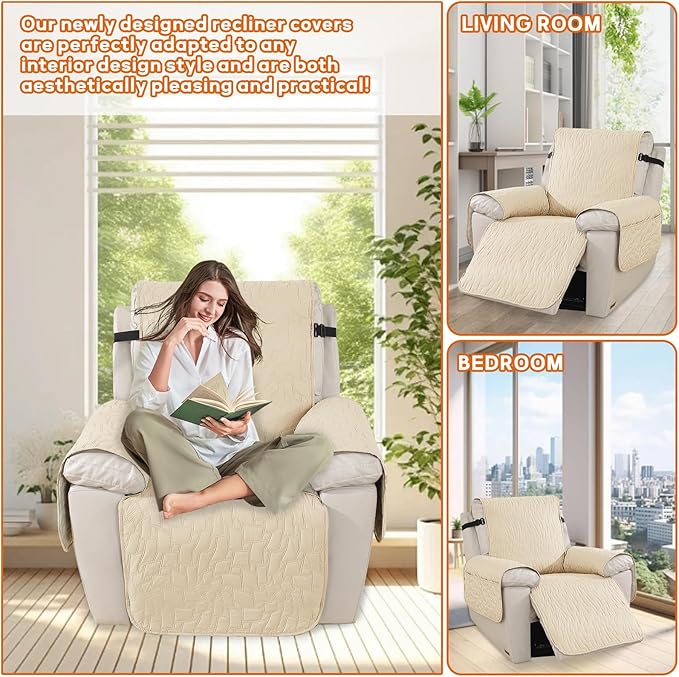 XINEAGE 100% Waterproof Recliner Chair Covers with Elastic Straps, Nonslip Reclining Couch Covers Washable Recliner Couch Cover with Pockets Furniture Protector for Pets Dogs (Beige, 25")