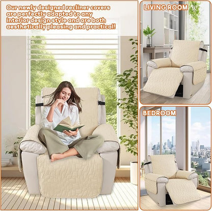 XINEAGE 100% Waterproof Recliner Chair Covers with Elastic Straps, Nonslip Reclining Couch Covers Washable Recliner Couch Cover with Pockets Furniture Protector for Pets Dogs (Beige, 25")