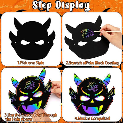 AUGSUN Halloween Crafts, Rainbow Scratch Mask for Halloween Party Favors Supplies Magic Scratch Paper Art Mask for Kids