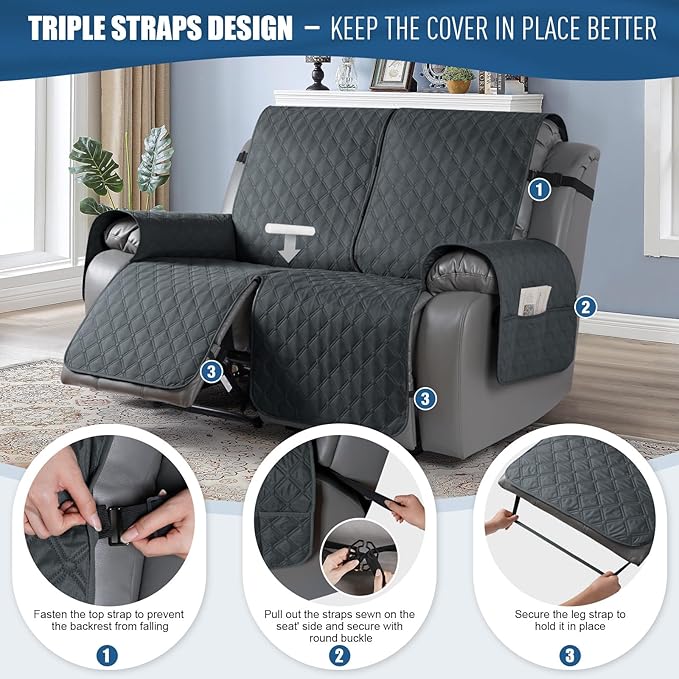 TAOCOCO 100% Waterproof Recliner Covers, Recliner Sofa Covers with Leg Straps, Reversible Recliner Couch Cover for Reclining Chair, Washable Couch Protector for Pets Kids(2 Seater, Dark Gray)