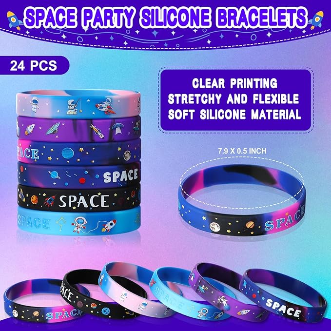 Aoriher 48 Pcs Space Party Favors Outer Space Rubber Bracelets Silicone Wristbands Space Theme Keychains Space Party Goodie Bag Fillers for Galaxy Birthday Party Supplies Boys Girls Classroom Rewards