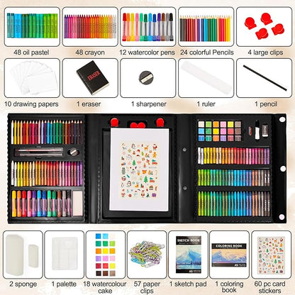 KINSPORY Art Kit, 290 Pack Art Sets Crafts Drawing Coloring kit, Double-Side Trifold Easel, Oil Pastels, Crayons, Colored Pencils, Creative Gift for Beginners Artists Girls Boys Kids (Black)
