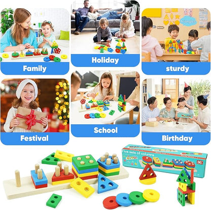 Shape Puzzles Wooden Puzzles for Toddlers 1-3, Color Shape Sorter Stacking Matching Sensory Toys Educational Learning Puzzle Toys for Boys Girls Preschool Birthday, Multicolor