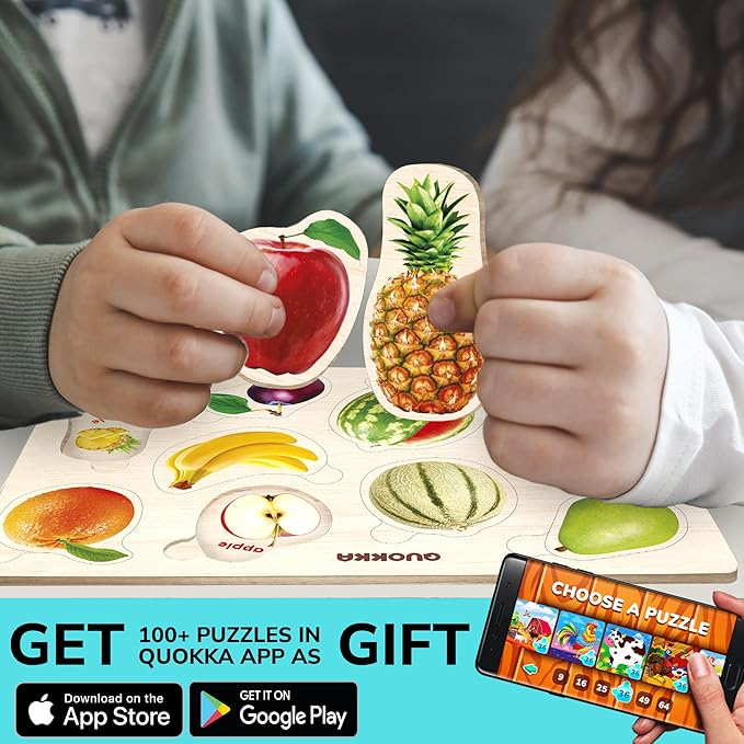 QUOKKA Toddler Puzzles Ages 2-4 in a Bag – 6 Montessori Wooden Puzzles for Toddlers 3-5 Year Old – Preschool Wood Game for Boys and Girls 4-6 – Gift for Learning Realistic Animals Fruits Vehicles