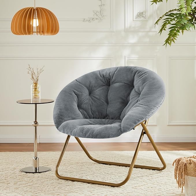 DUMOS Comfy Saucer Chairs, Faux Fur Lounge Bedroom Living Room Flexible Folding Seating for Kids Adults Soft Padded Metal Frame Modern for Home Office Grey