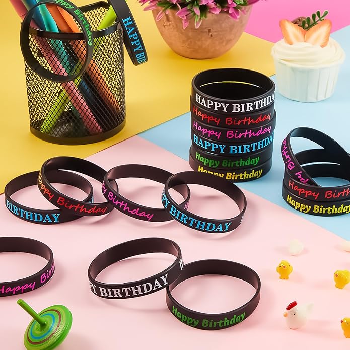 Sratte 120 Pcs Happy Birthday Rubber Bracelets for Kids Stretch Wristbands Bulk Birthday Bracelets for Classroom Student Back to School Gift Teacher Birthday Party Favors Supplies