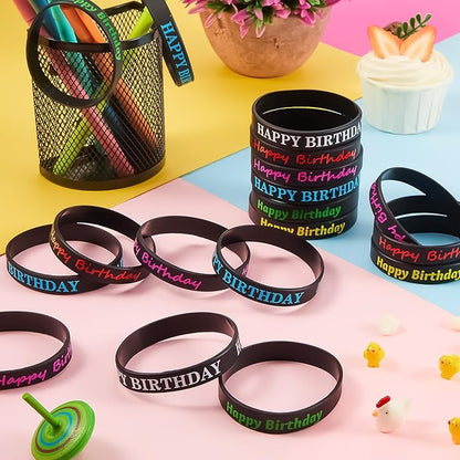 Sratte 120 Pcs Happy Birthday Rubber Bracelets for Kids Stretch Wristbands Bulk Birthday Bracelets for Classroom Student Back to School Gift Teacher Birthday Party Favors Supplies