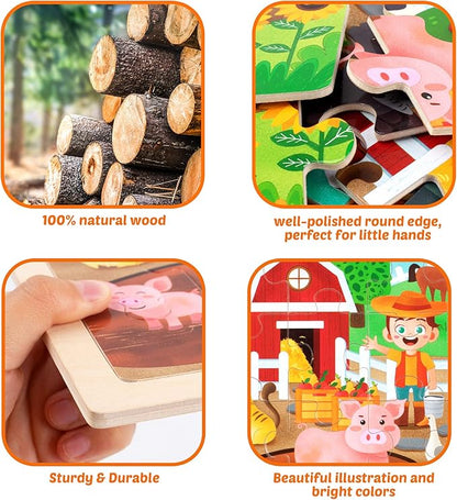 SYNARRY 24 Pieces Puzzles for Kids Ages 3-5, Farm Wooden Jigsaw Puzzles with Storage Tray, Educational Preschool Puzzles Toys Set for Toddler Boys and Girls