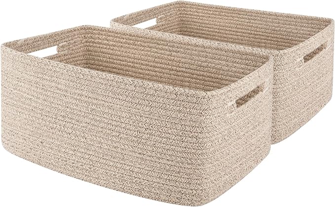 OIAHOMY Storage Basket for Shelves, Closet Cube Storage Bins Baskets for Clothes Blanket Towels, Baby Nursery, Toy Baskets Box, Woven Rope Basket, 17.72 * 12.99 * 7.87 IN, 2 Packs Brown