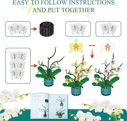 BAKA Orchid Flower Building Kit for Adults and Kids, Orchid Bonsai Building Set for Home Decor Botanical Collection in White and Yellow Orchid, Idea Gift for Valentines Day, Birthday - 1110pcs