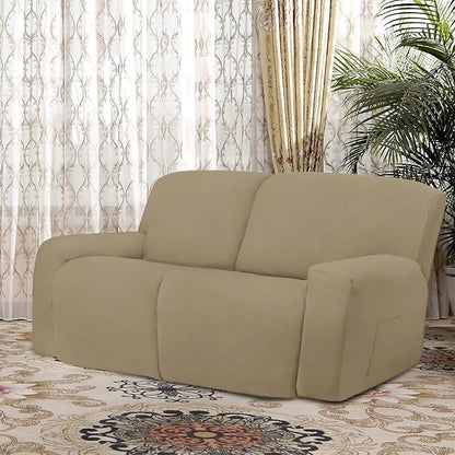 Easy-Going Oversized 6 Pieces Microfiber Stretch Sectional Recliner Loveseat Sofa Slipcover Soft Fitted Fleece 2 Seats Couch Cover Washable Furniture Protector with Elasticity for Kids Pet Tan